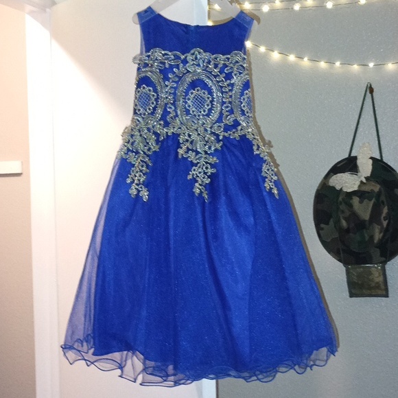 Girls Flower Girl Dress/blue and gold FORMAL DRESS - Picture 2 of 10